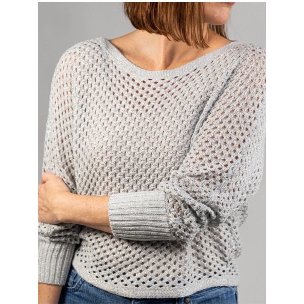 Express Light Gray Open-Knit Scoop Neck Sweater